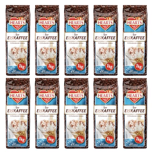 HEARTS - Polvo de café helado (10 x 1 kg, 65 vasos/bolsa, café soluble en granos, café helado como bebida de verano, cafeína y soluble