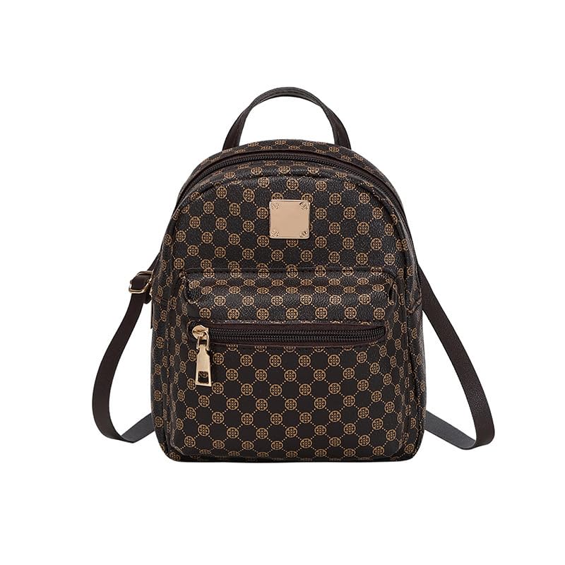 1 mini mochila vintage monograma, estrutura de PVC, vários bolsos, pequena mochila feminina com logotipo de metal, 3 cores, Café, Small, Moderno