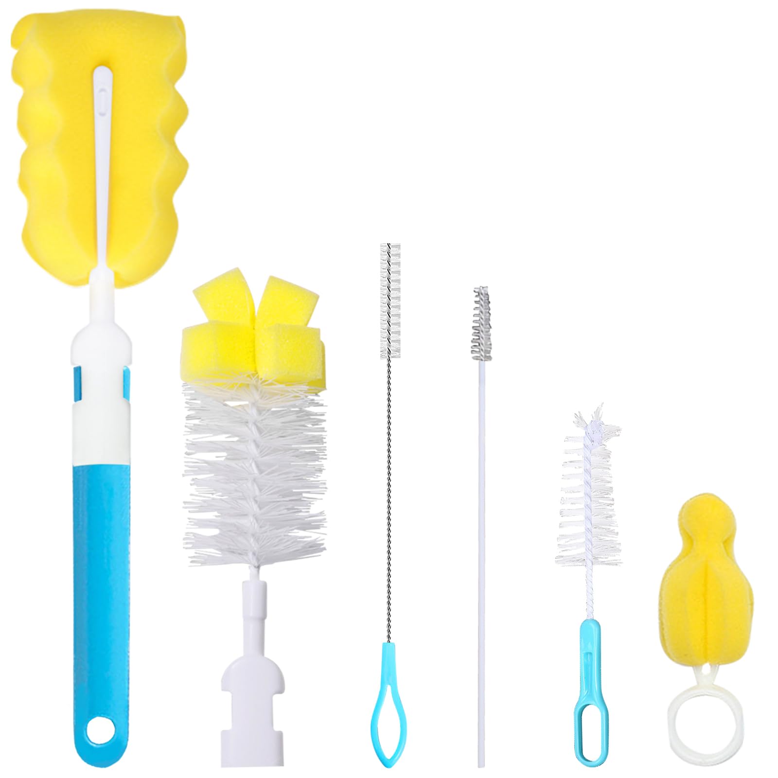 Baby Bottle Cleaning Brush 6-Piece Set Detachable Sponge Bottle Brush, Nylon Milk Bottle Brush, 2PCS Nipple Brush, 2PCS Straw Brush (Blue)