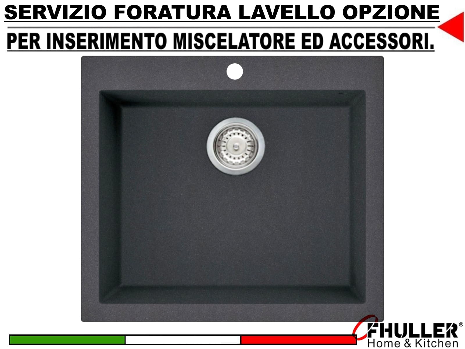 Lavello Incasso GRANITO Nero Assoluto FHULLER STPU560GNR 56X51 1 Vascone Vasca H 20, Base Minimo 60, Foro 54x49. Di Serie: piletta 3,5 + Sifone in Composito Ultramaterico Fragranite Granitek