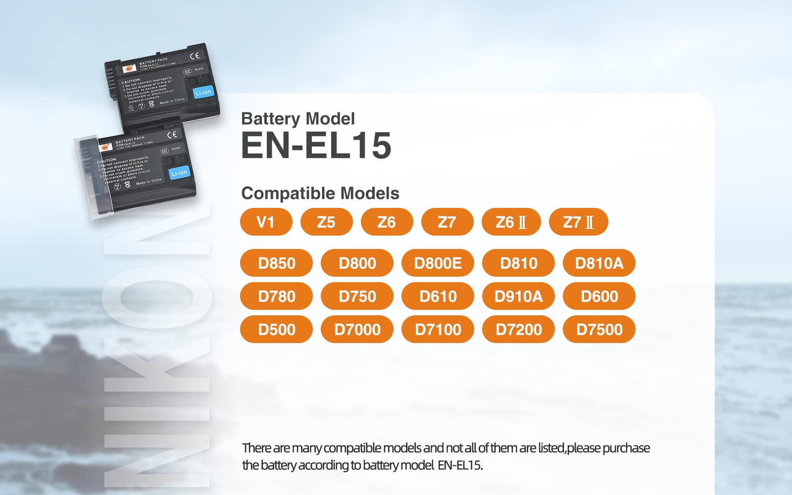 DSTE EN-EL15 Lot de 2 batteries de rechange, compatibles avec Nikon 1 V1, D7200, D7100, D750, D600, D7000, D800E, D810A, poignée de batterie MB-D11, MB-D12, MB-D15, MB-D17