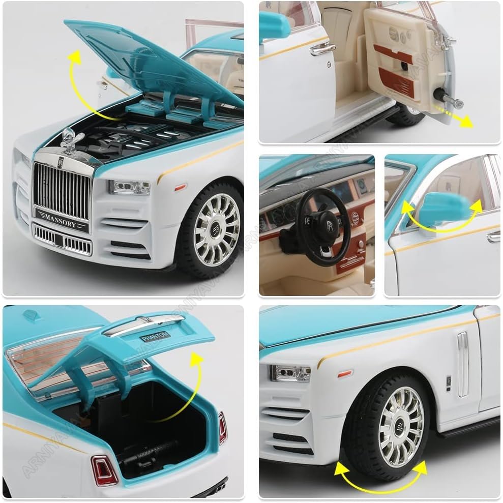 Image of Exquisite car Model 1 /24 Rolls-Royce Phantom Model Car,Zinc Alloy Pull Back Toy car with Sound and Light for Kids Boy Girl Gift. (Blue-White)