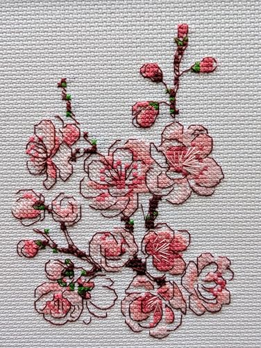 Image of RIOLIS - The Branch of Sakura 1818, Floral Cross Stitch Kits 5 inch x6, Cross Stitch Kits for Beginners & Advanced, Crossstitching Kits Adult, Counted Stitching Kits, Flowers Embroidery Kit