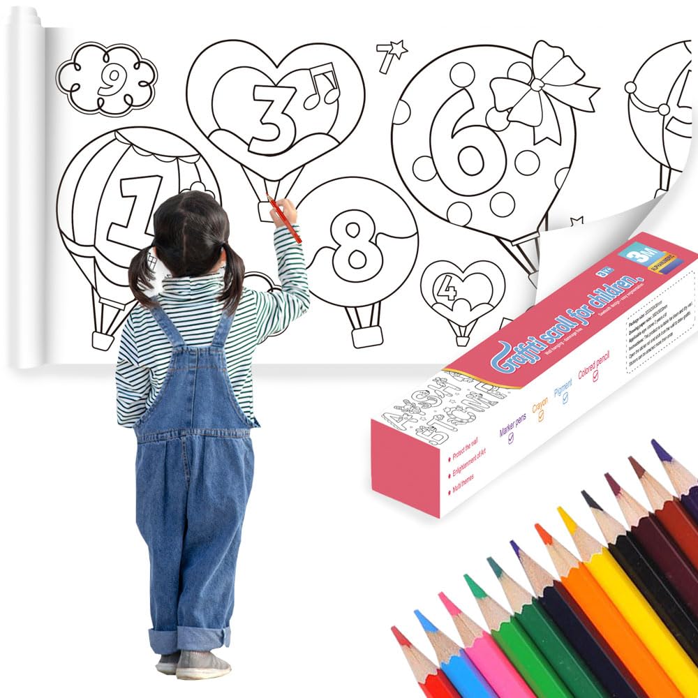 3m Children's Colouring Roll, Painting Paper Roll, DIY Drawing Roll, Cuttable, Self Adhesive, with 12 Colouring Pencils, for Children, Students, Birthday Gifts (Digital Pattern)