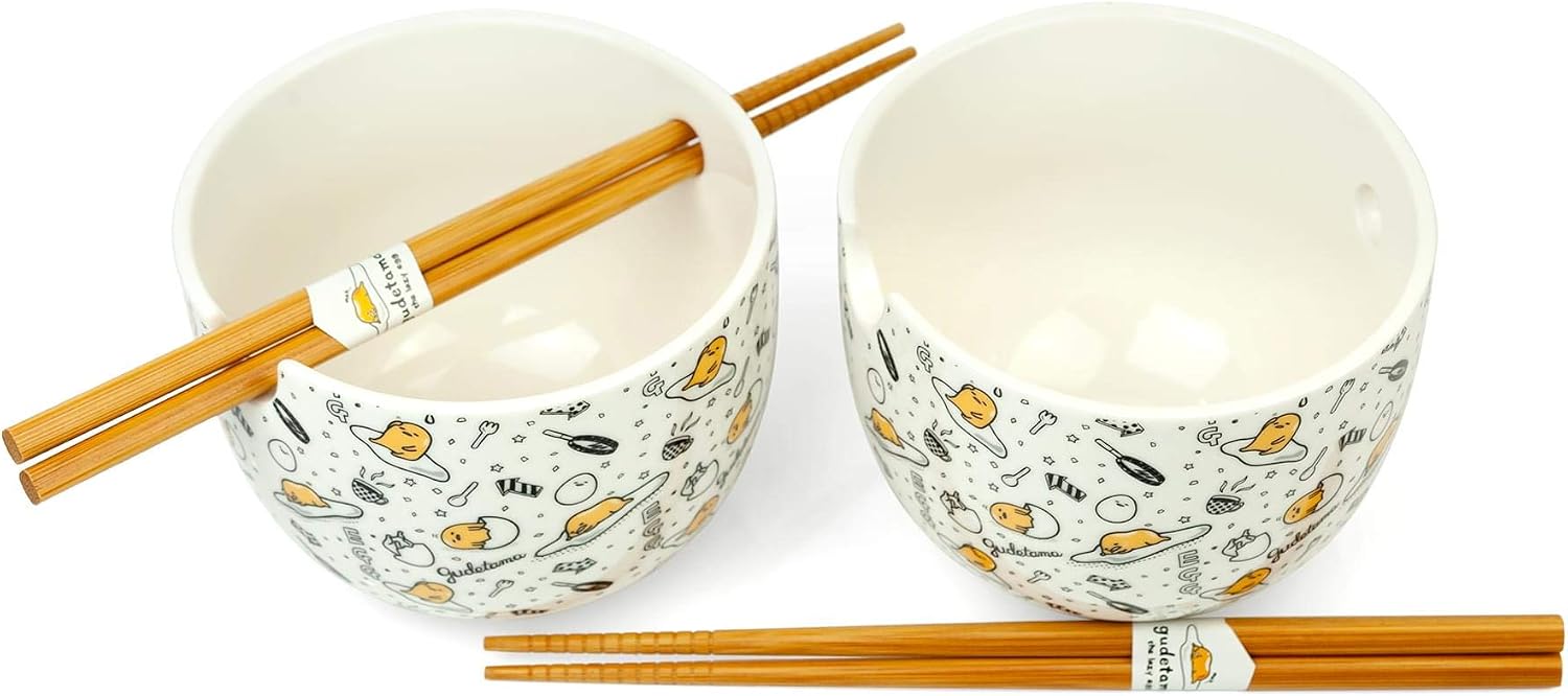 Gudetama Bowl & Chopstick Set - Includes 2 Ceramic Ramen or Rice Bowls & Wooden Chopsticks With Cute Sanrio Lazy Egg Design