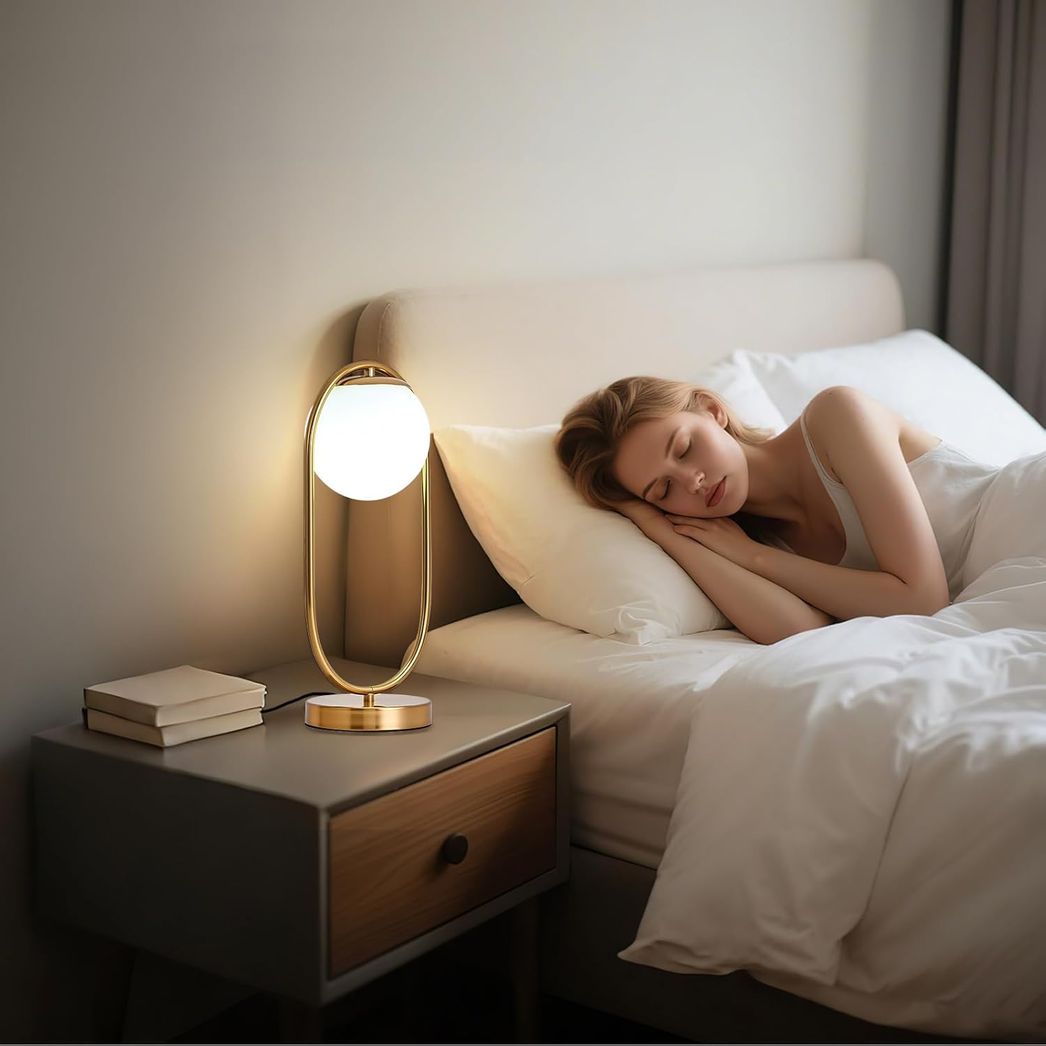 NKU Mid Century Modern Table Lamp, Boho Vintage Glass Globe Design with LED Bulb, Bedside Night Light for Bedroom Farmhouse Office Desk