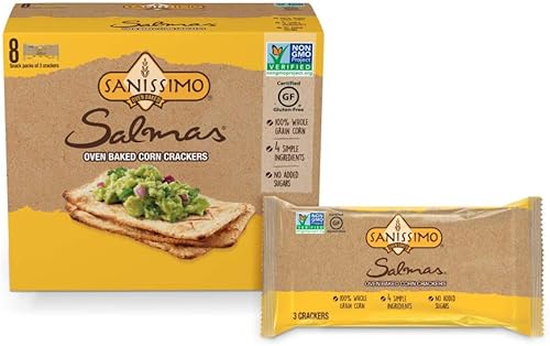 Sanissimo Salmas - Galletas de maíz horneadas para horno, 100% maíz integral, sin gluten, proyecto verificado sin OMG, 8 paquetes de aperitivos