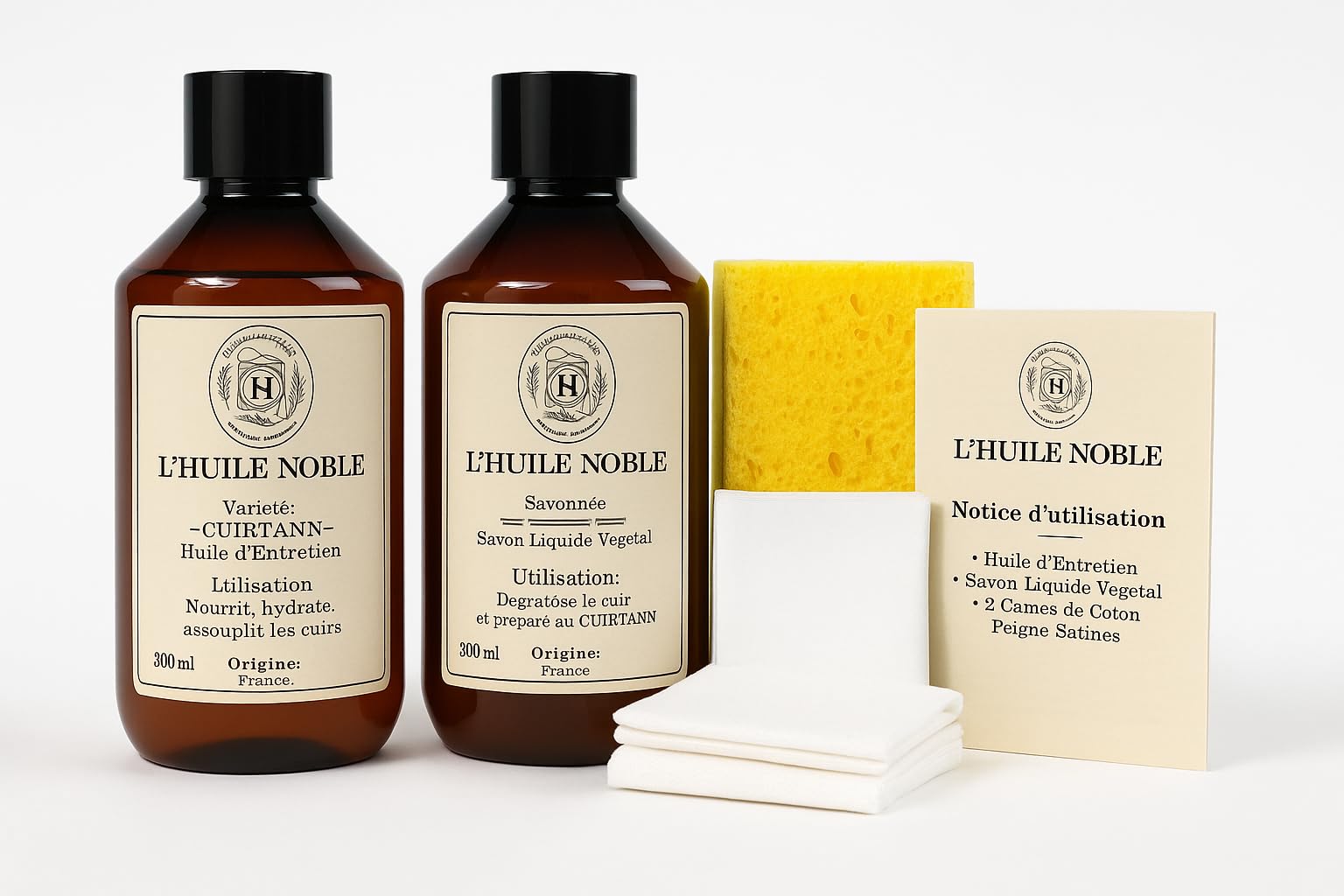 Kit Entretien Cuir Complet – Huile CUIRTANN + Savon végétal + Éponge + 2 Carrés Coton Satiné + Notice – Naturel & Fabriqué en France