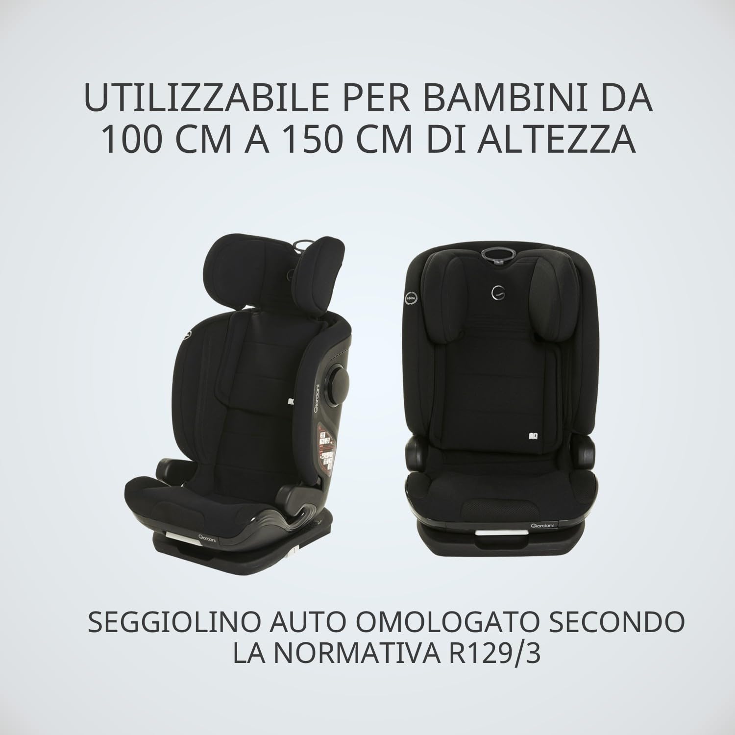 Giordani Iridium Seggiolino Auto 100-150 cm i-Size, Omologato R129/03 con Connettori Isofix, 5 Posizioni dello schienale, Poggiatesta Regolabile e Protezione Laterale, Per Bambini dai 3 ai 12 Anni