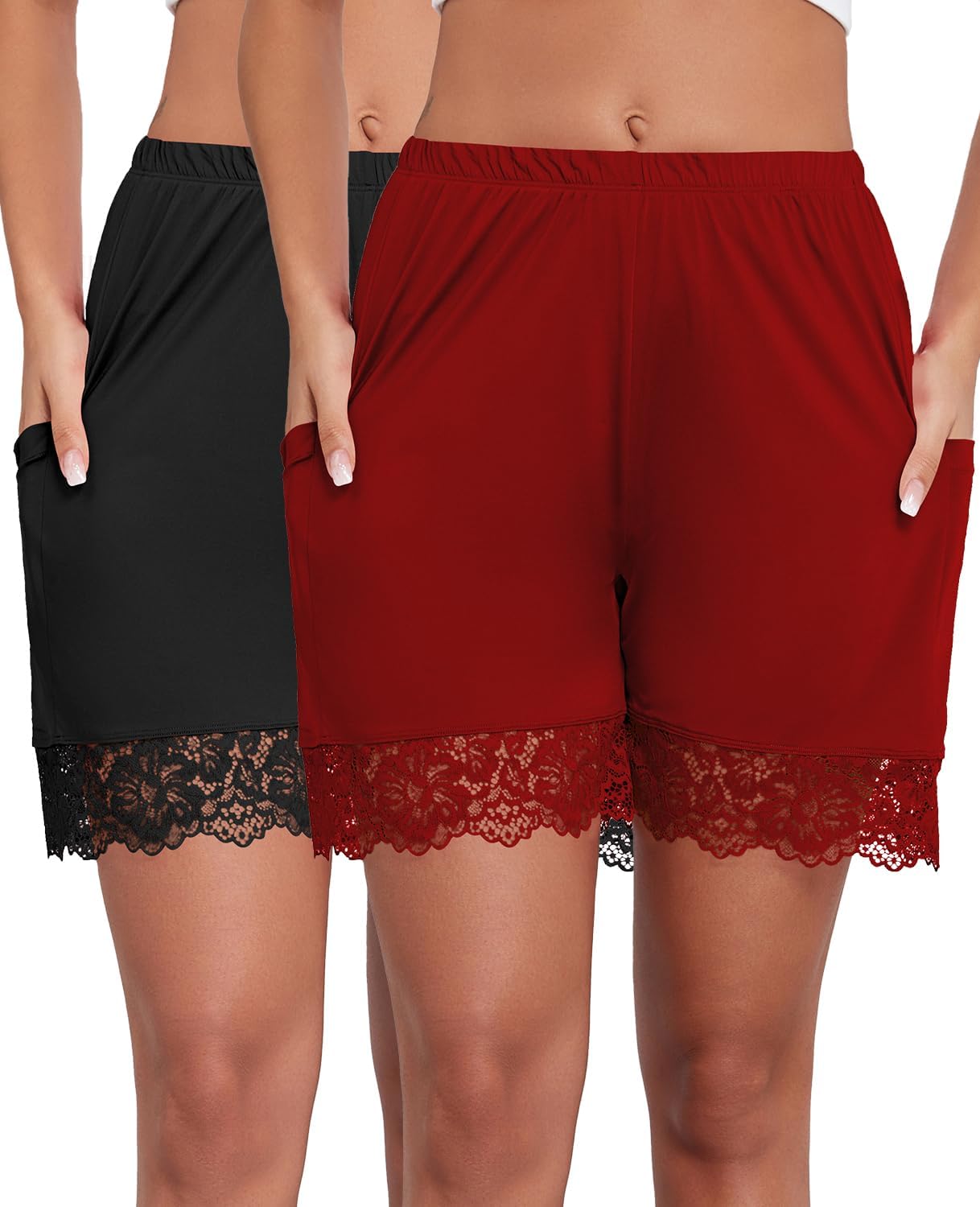 Under Dress Shorts Anti Chafing Boyshorts Women Satin Pettipants Lace Slip with Pockets 2 Packs