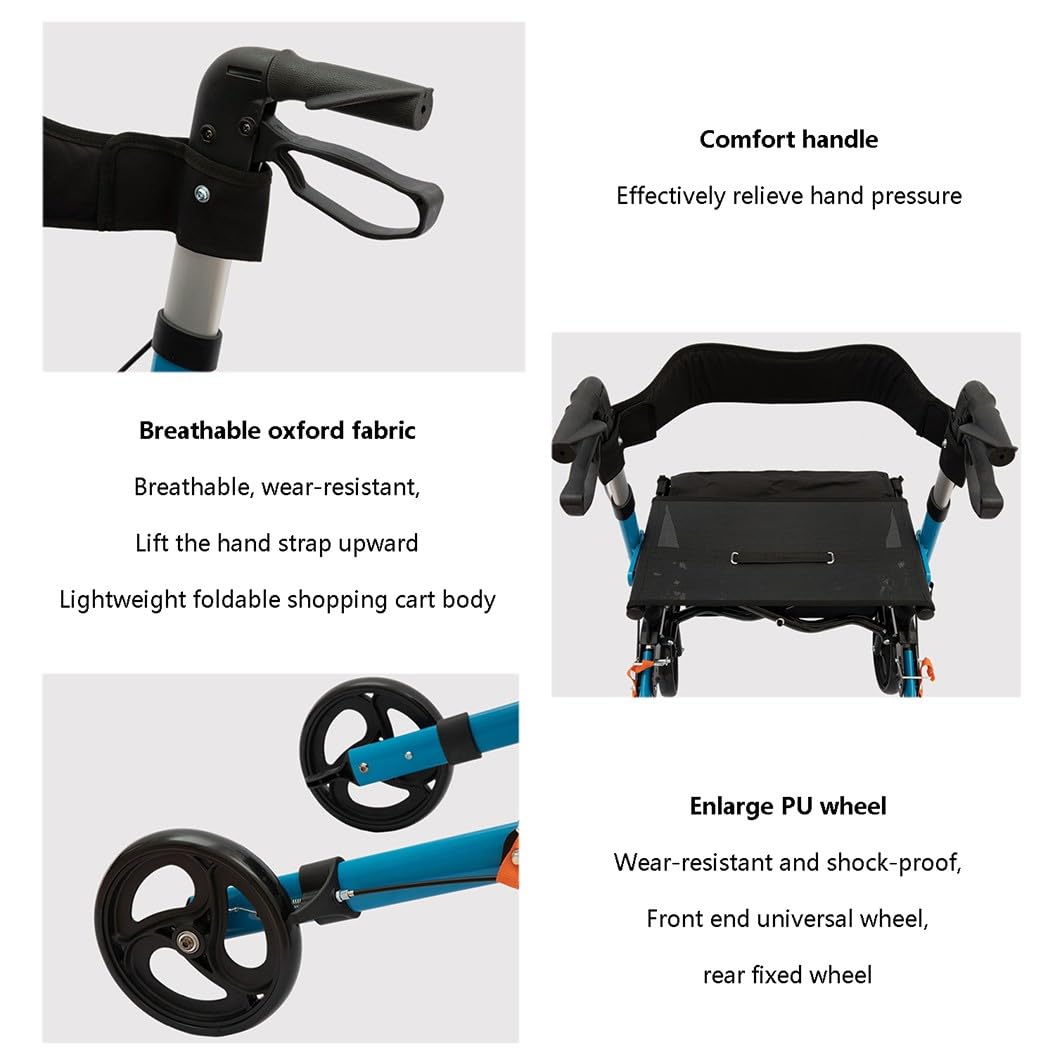 Andador para Ancianos Todoterreno,rollator,Andadores para Personas Mayores con 4 Ruedas,Andador plegable ligero,Fácil de plegar para colocar en el maletero blue