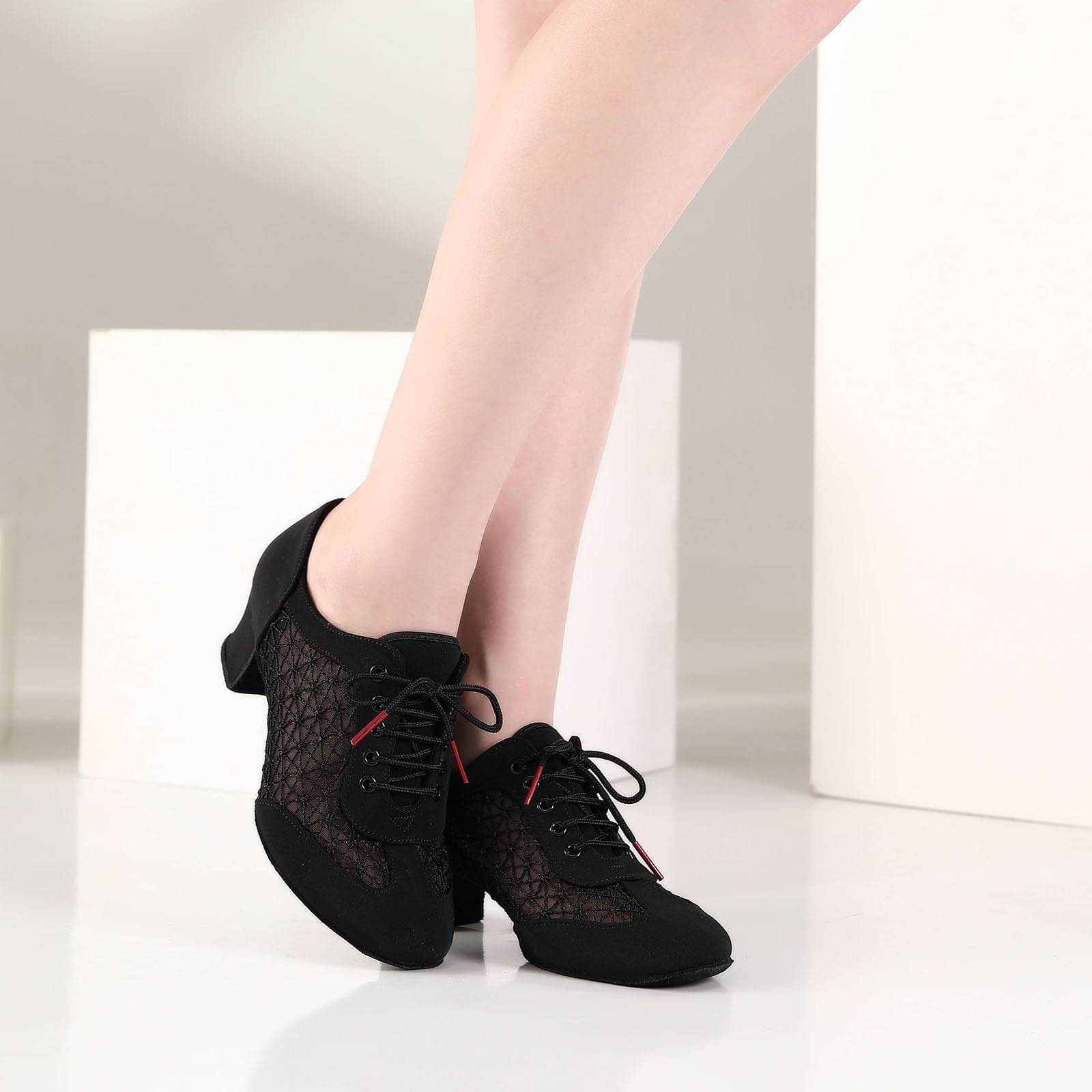 Zapatos de Baile Latino Salsa Práctica para Mujeres Tacón Bajo Cordones Zapatos de Baile de Salón Entrenamiento