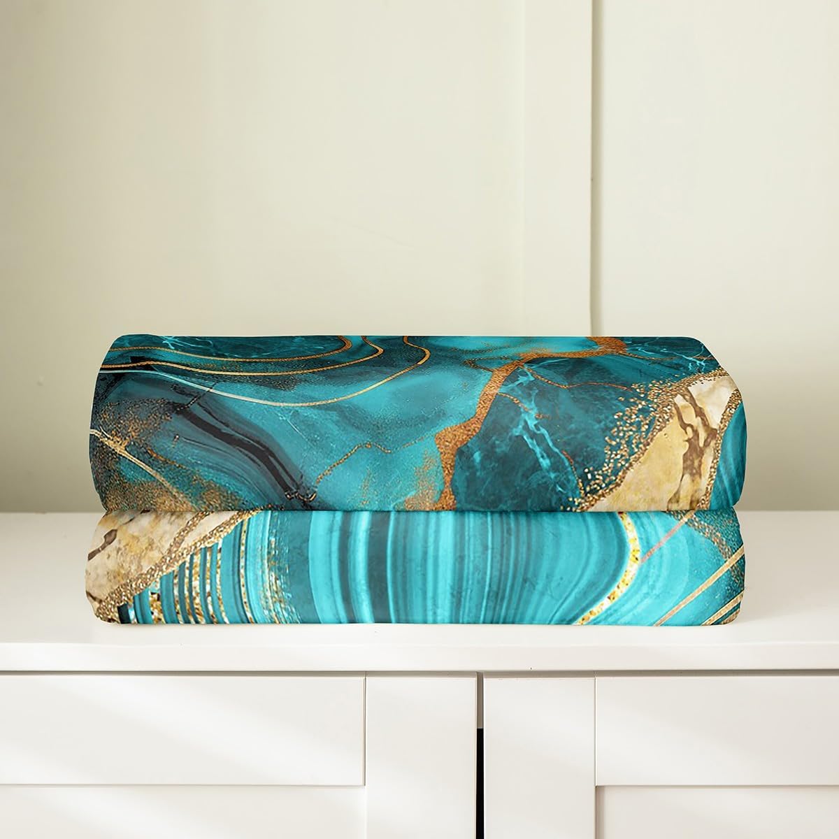 Teal Marble Blanket Throw 50x60 Inch, Gold Crack Throw Blanket, Abstract Metallic Texture Living Room Decor Fleece Blanket, Luxury Shinny Boho Hippie Fluid Lightweight Flannel Blanket