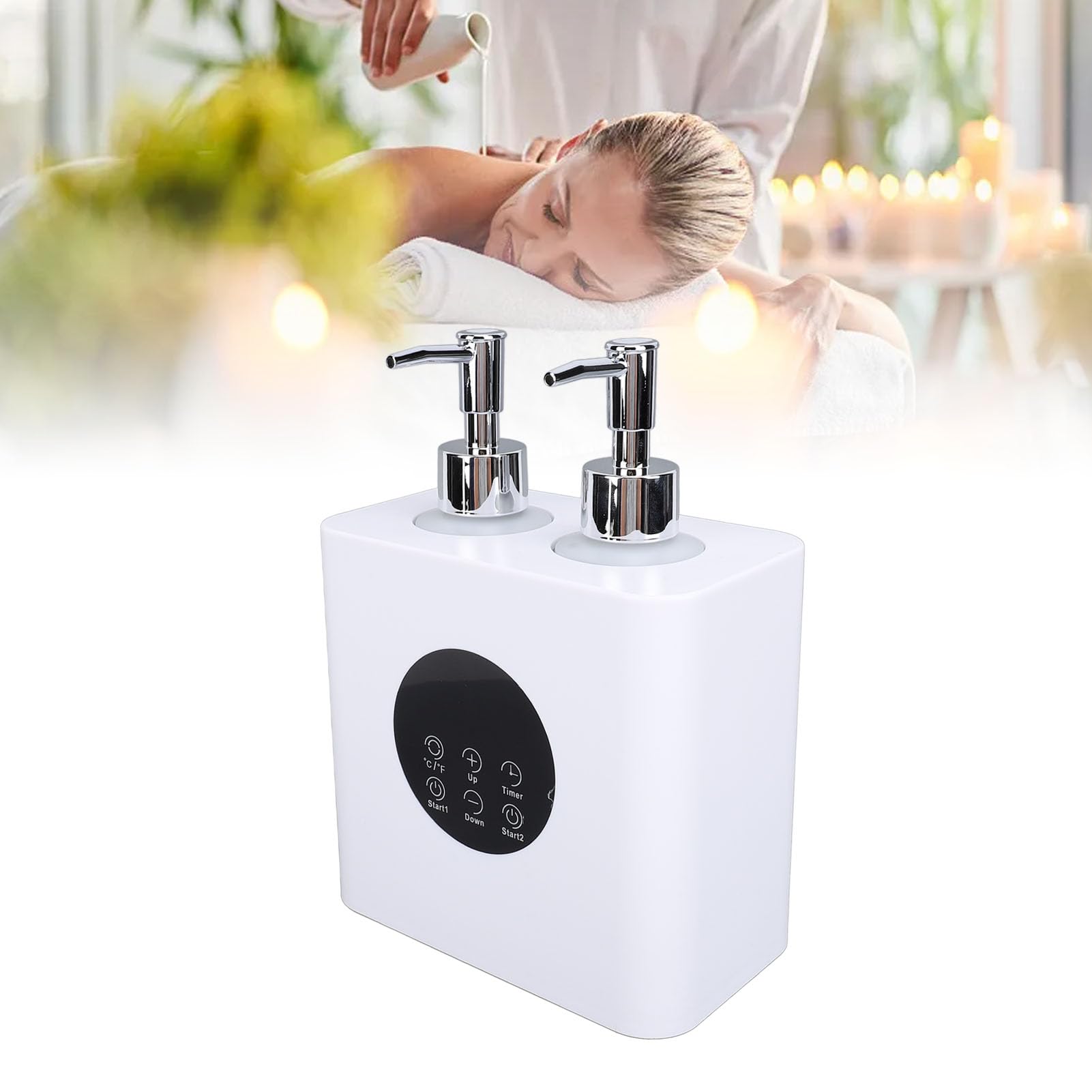 Scaldaolio per Massaggi con 4 Flaconi 250 Ml, Intervallo di Temperatura 30-65°C, Aumenta il Flusso 'olio per Massaggi, Scaldaolio a Temperatura Regolabile con Doppio Foro