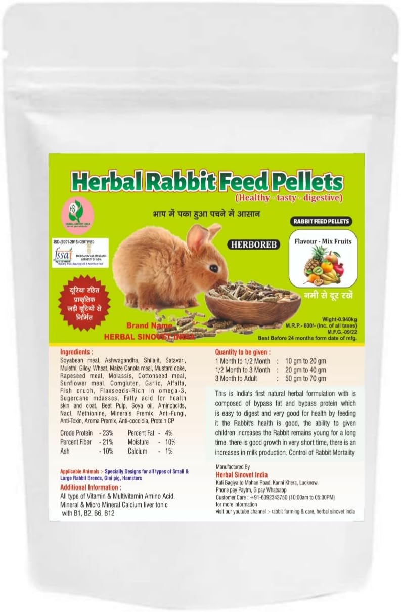 Herbal Sinovet India Mix-Fruits Rabbit Food pellets 1kg, ISO(9001-2015), Fssai Certified