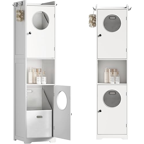 Laundry Hamper Cabinet, 70" Tall Bathroom Cabinet with 2 Laundry Baskets, Hidden Laundry Hamper with 2 Doors and Double Clothes-Toss Round Holes for Bathroom, White WT170XY01S