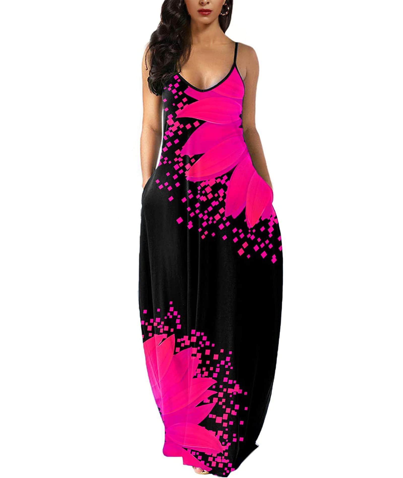 WolddressWomens Casual Sleeveless Plus Size Loose Long Maxi Dress with Pocket Sunflower Plum 1X