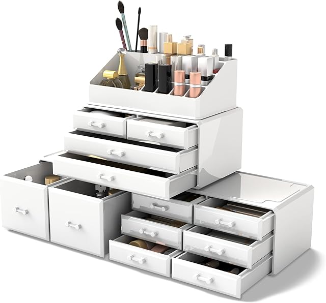 READAEER Makeup Cosmetic Organiser Storage Drawers Display Boxes Case with 12 Drawers, 4 Pieces, Freely Combined and Stacked.