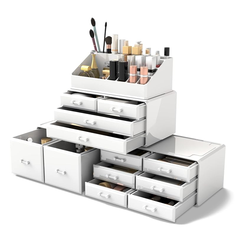 Organizador de cosméticos READAEER com gavetas e compartimentos, branco, modelo JJYP-002-A