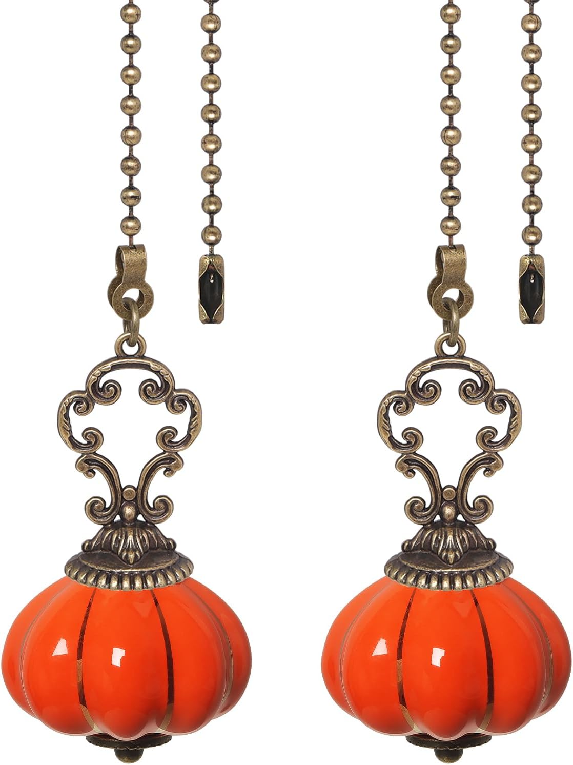 2pcs Ceiling Fan Pull Chain Ornaments Orange Ceramic Pumpkin Fan Pull Extender,15 Inches Fan Pulls with Connector