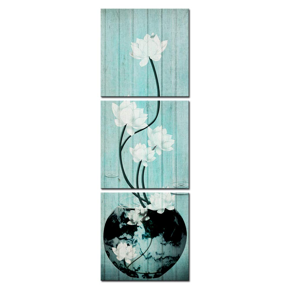 Nachic Wall - 3 Piece Flower Pictures White Lotus with Teal Wood Background Art Prints Still Life Floral Painting Wall Art Modern Zen Wall Decor for Home Bedroom Spa Room Galley Canvas Wrapped