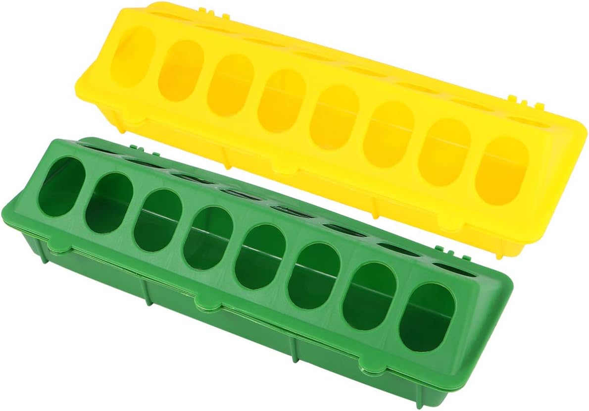 VILLCASE 2 Pack Plastic Flip Top Bird Small Poultry Feeder for Pigeon Quails Ducklings Birds, Green Yellow No No Waste Multihole Birds…