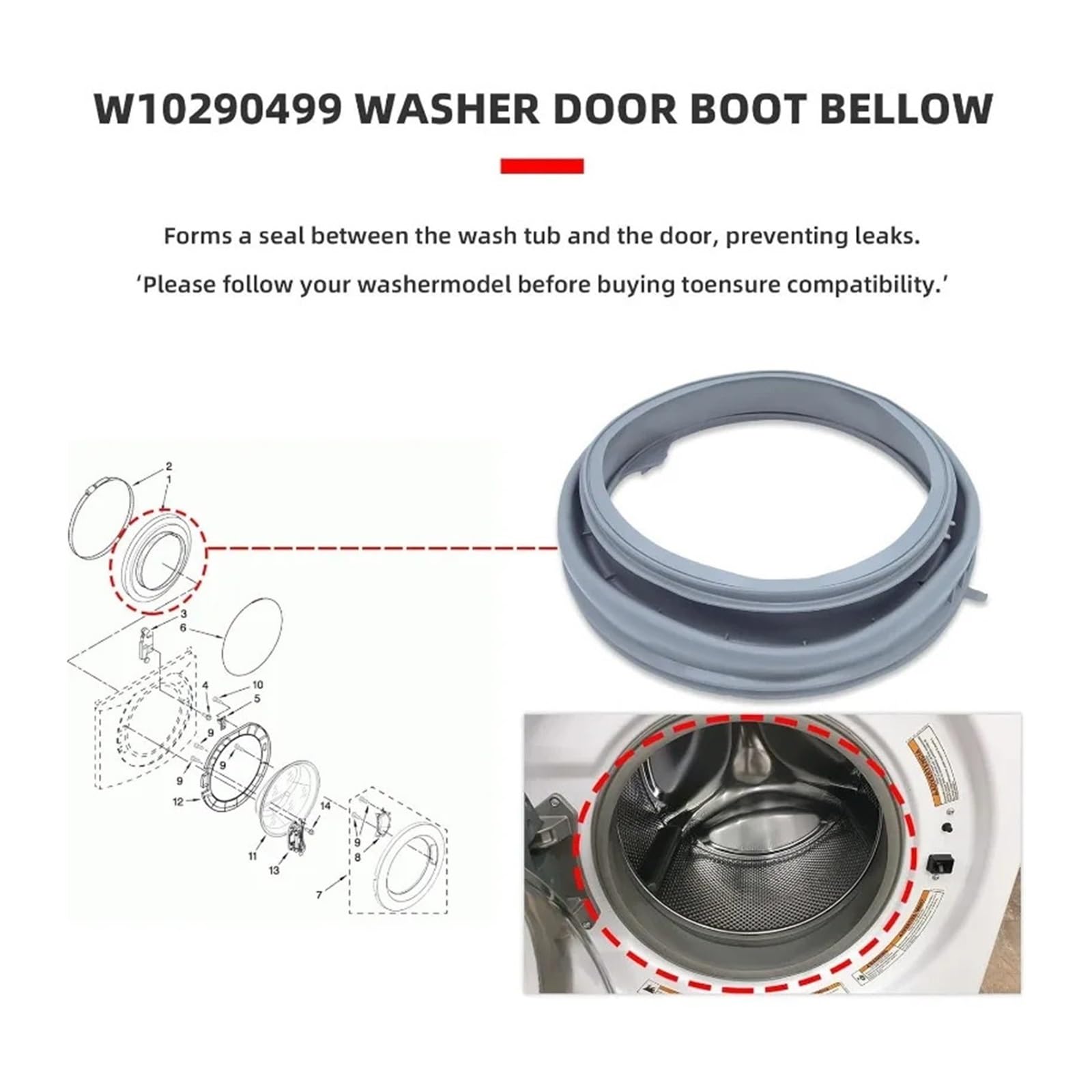 W10300559 Goma De Escotilla Lavadora, Compatible Para Maytag