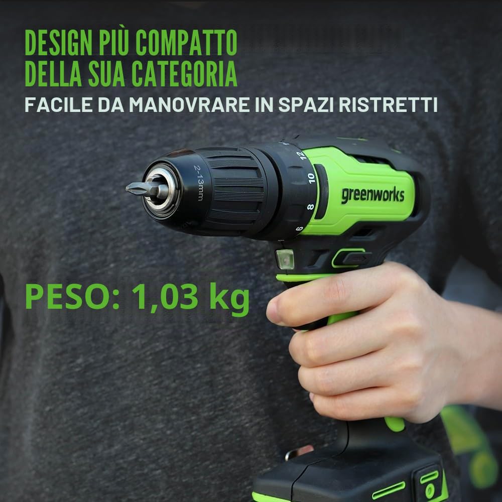Greenworks Trapano avvitatore a batteria da 24 V, 35 Nm, motore senza spazzole, 18 livelli di coppia, mandrino da 13 mm, cambio a 2 marce, batteria da 2 Ah e caricatore, valigetta
