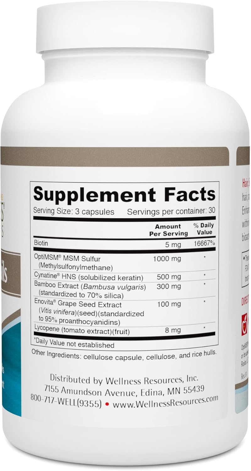 Wellness Resources Hair, Skin & Nails with Biotin, Cynatine HNS Keratin, OptiMSM, Bamboo & Grape Seed Extract – Supplement for Stronger Nails, Healthier Hair & Youthful Skin (90 Capsules)