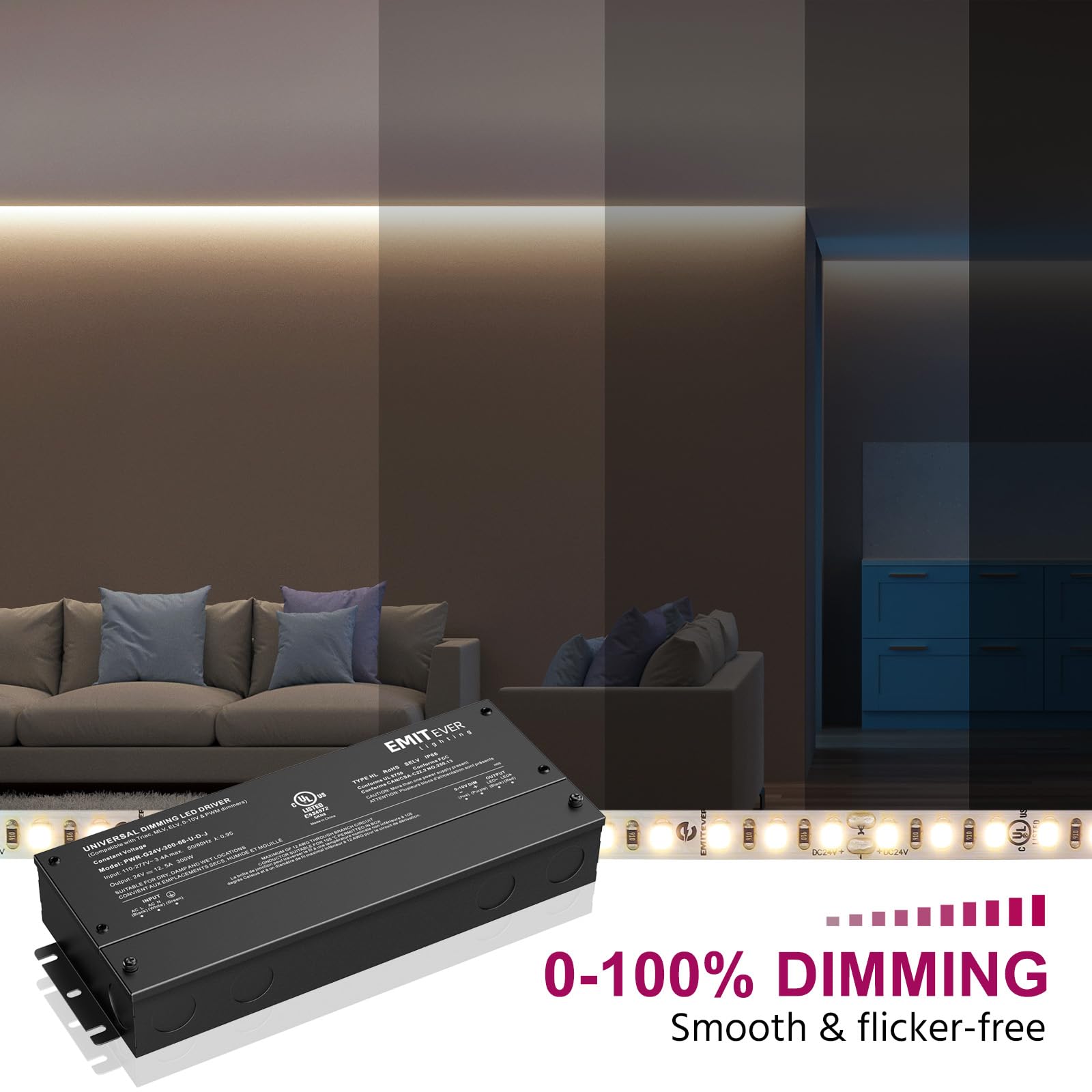 EMITEVER Driver LED dimmerabile 300W AC 110V-277V a DC 24V Trasformatore 5-in-1 Dimmerabile: ELV/MLV/TRIAC/0-10V/1-10V/10V PWM/potenziometro impermeabile IP67 e UL elencati