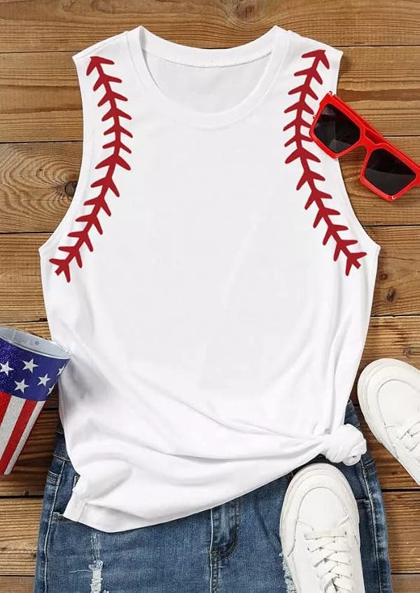 MHTOR Baseball O-Neck Tank Women Print Baseball Tanks Cute Workout Graphic Casual Summer Sleeveless Vest Top(Medium, White) by MHTOR - Used condition - US$13.65