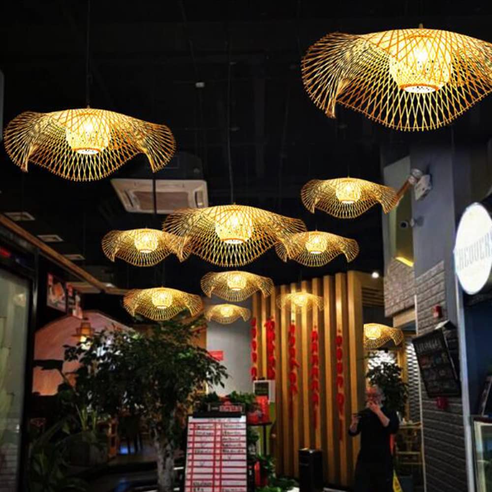Plafonnier en Bambou Suspension Rétro E27 Lustre Rotin Naturel Éclairage Campagne Lampe Tissé à la Main pour Chambre Restaurant Salon Café Décoration Économie D'énergie,B,100cm