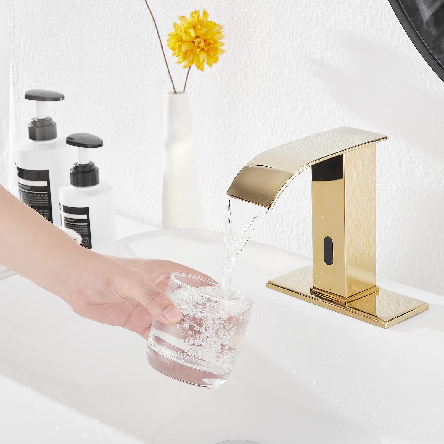 Sensore automatico Oro Lucido Touchless Bagno Lavandino Rubinetto con Coperchio Foro Rubinetto Vanity Mani Free Cascata Bagno Rubinetto Acqua con Scatola di Controllo e Miscelatore Temperatura
