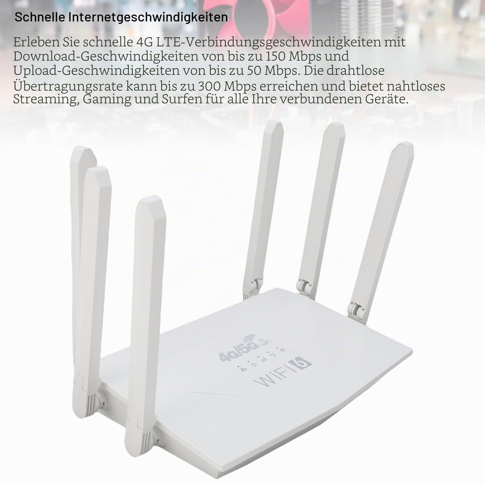 ASHATA 4G 5G LTE-WLAN-Router mit SIM-Kartensteckplatz, 300 Mbit/s WiFi6-Hotspot-Router, USB-Modem Unterstützt Bis zu 32 Geräte mit 6 Antennen für das Heimbüro