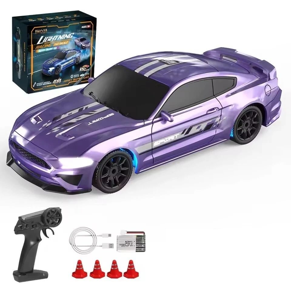 Image of FEXXA 1 /43 Scale RC Drift Race Car Gyro 4WD Ready to Go Mini Remote Control Car High Speed Model (1:43 RC Drift Mustang-Purple)