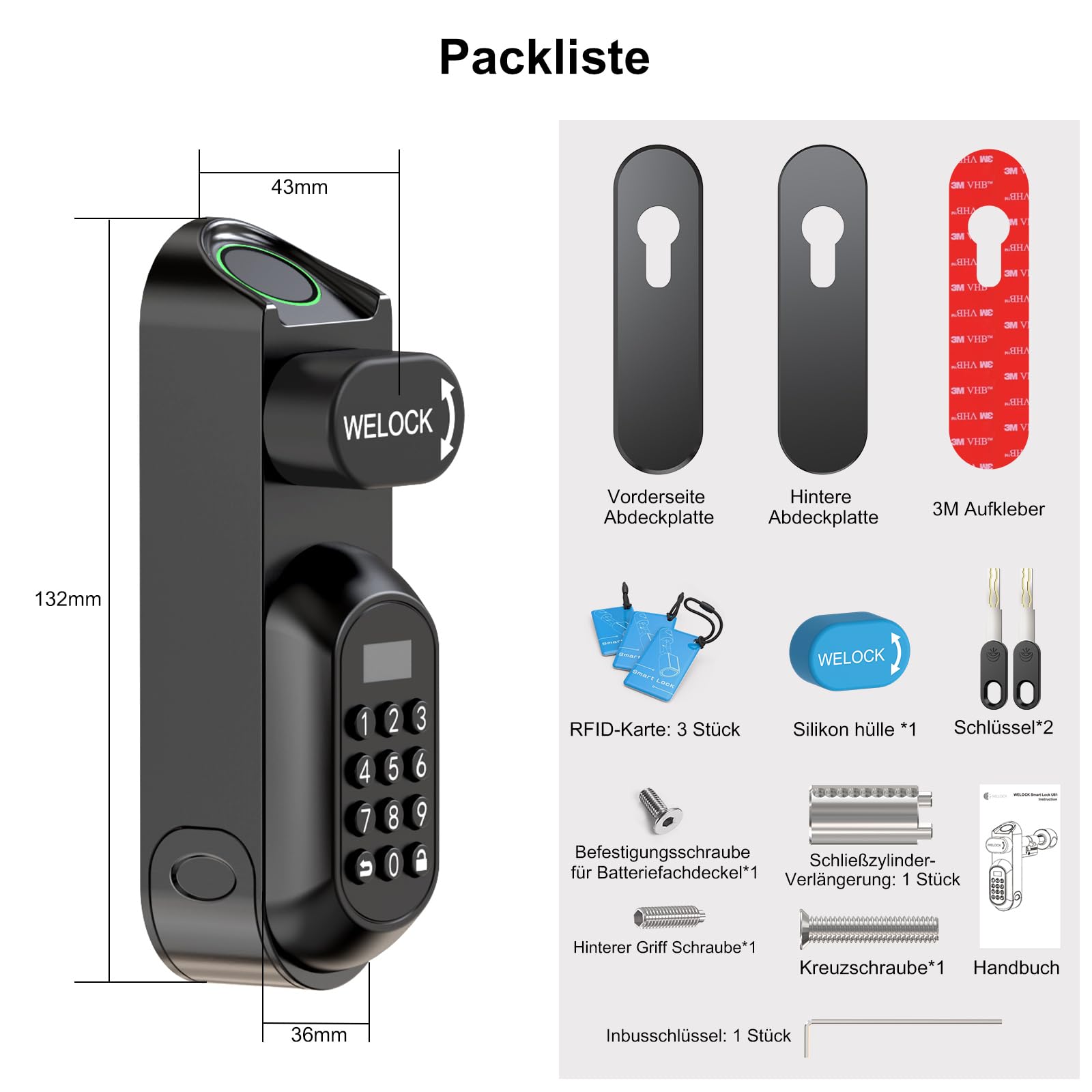 WELOCK U81 Cerradura de puerta con huella dactilar, contraseña, inteligente, con aplicación y tarjeta RFID, pieza de repuesto para llave mecánica, cerradura electrónica para puerta de perfil de 50-90
