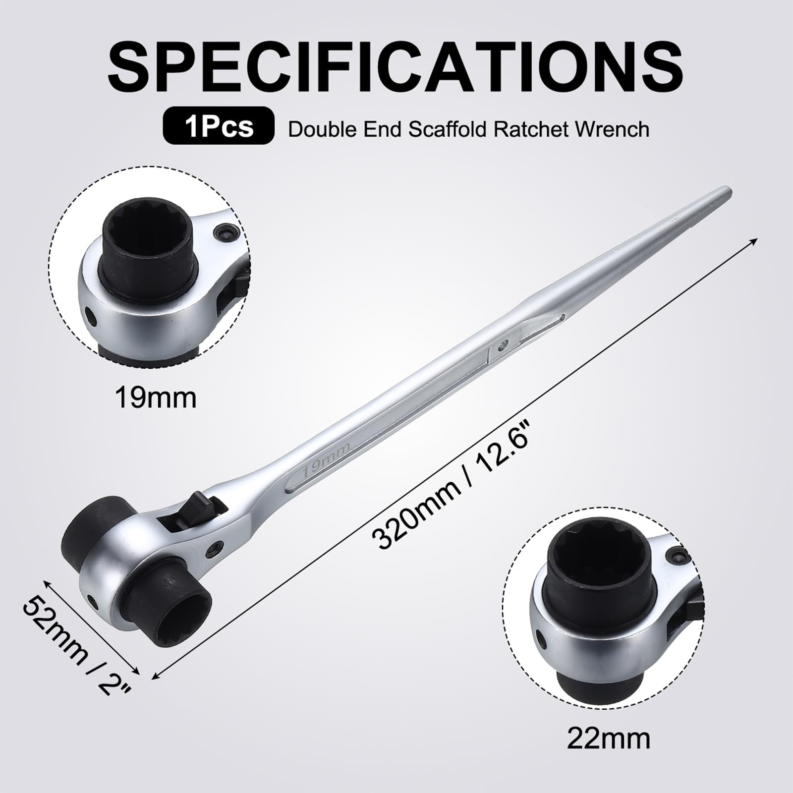 Chiave a cricchetto a 12 punti, 19 mm x 22 mm / in in xin in, a doppia estremità, in acciaio al cromo vanadio nichelato, per impalcature, per costruzioni, riparazioni automobilistiche