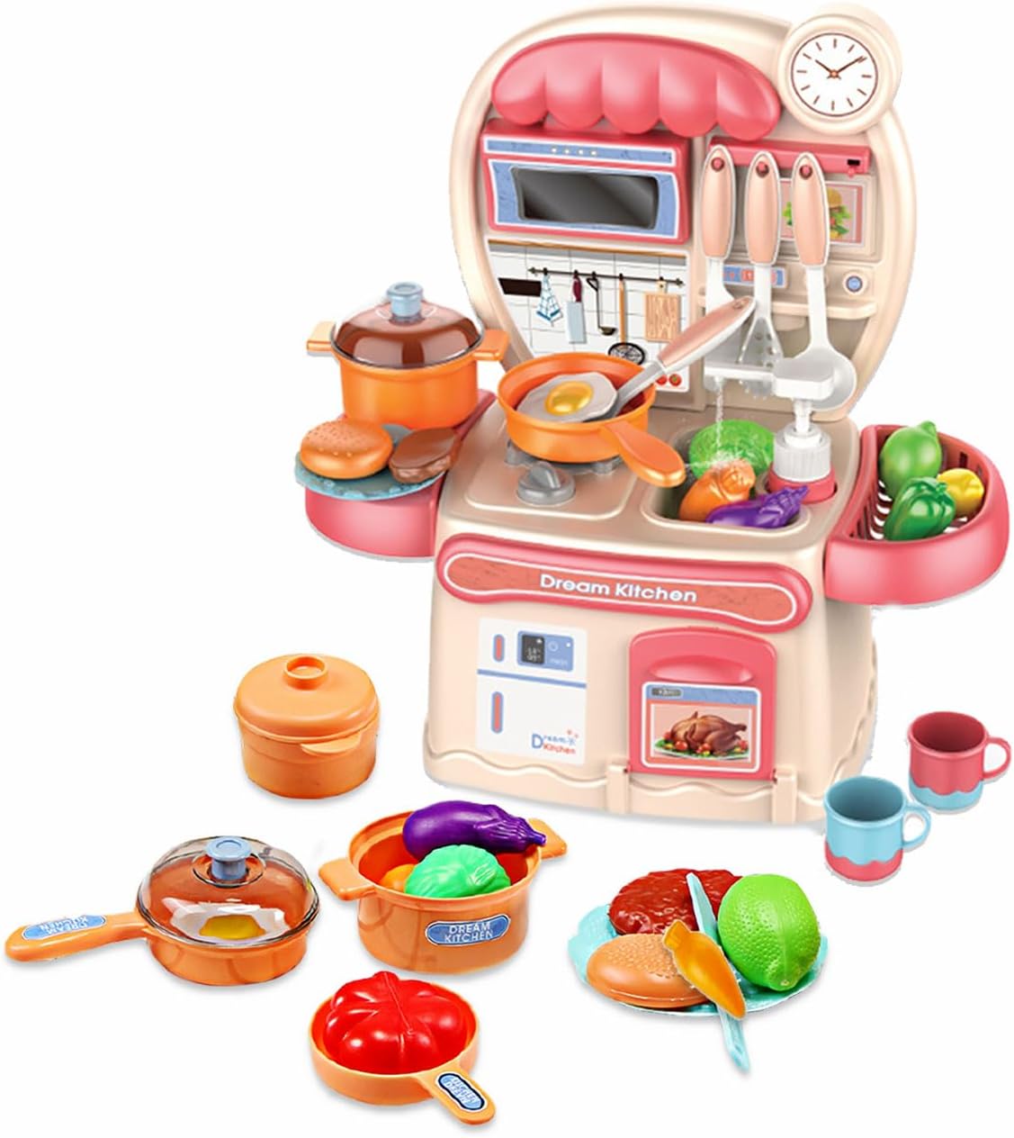 Sobebear 18 pcs Kids Kitchen Playset, Cooking Pots & Utensils, Food & Accessories, Pretend Play Game for Children 3+ (Pink)