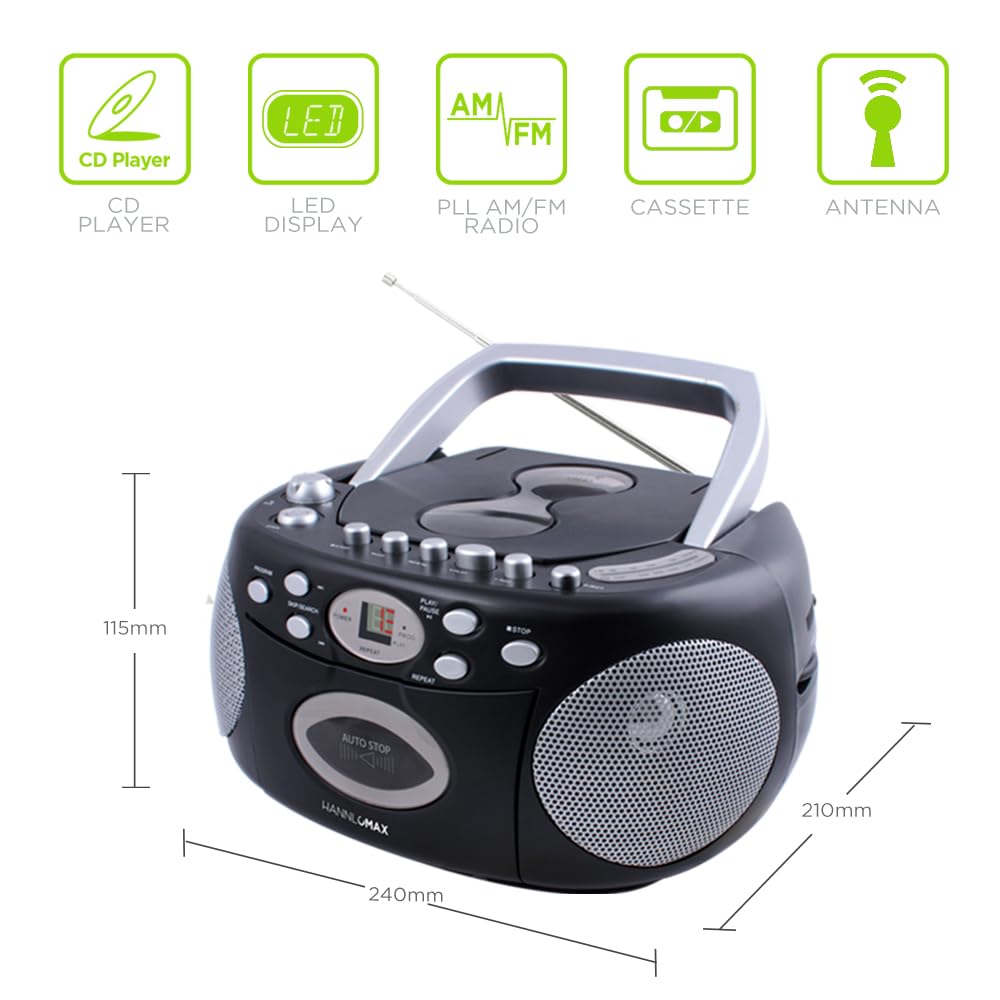 HANNLOMAX HX-323CD Portable CD Player, AM/FM Radio, Cassette