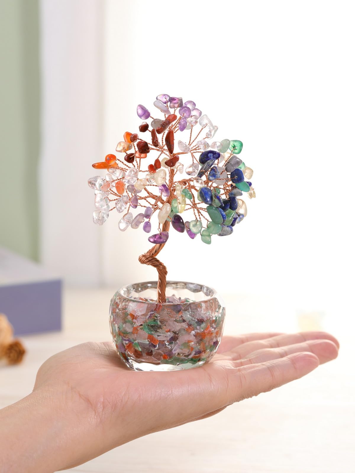 JSDDE 7 Chakra Crystal Tree Healing Crystals Stones Tree with Glass Base Gemstone Tree for Positive Energy Office Decor Fengshui Tree Gift - Image 3