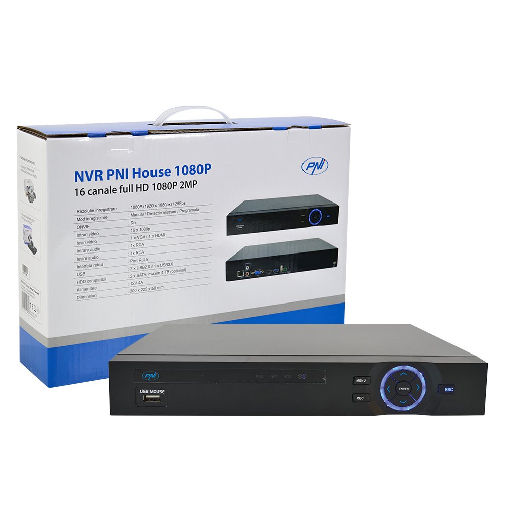 Videoregistratore per videocamera di sicurezza CCTV NVR PNI House 1080P - 16 canali full HD 1080P 2MP, supporta fino a 2 x 4 TB HDD, uscite VGA/HDMI, telecomando e mouse inclusi