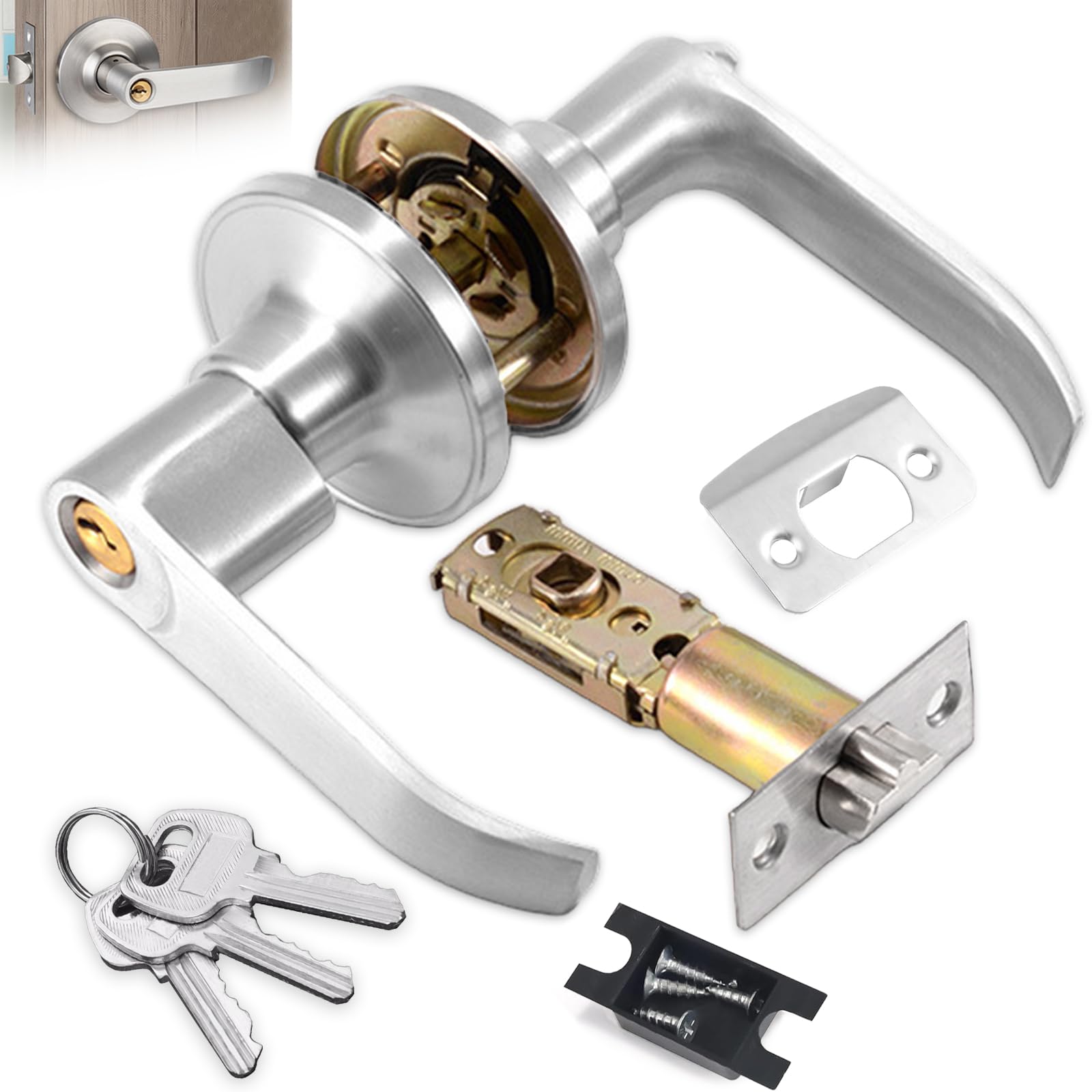 Rfytdcf Silver Door Handle Lock With Keys, Security Door Locks For Bedrooms With Adjustable Latch Privacy For Bathrooms Kitchen Office Internal ( 25Mm-45Mm)