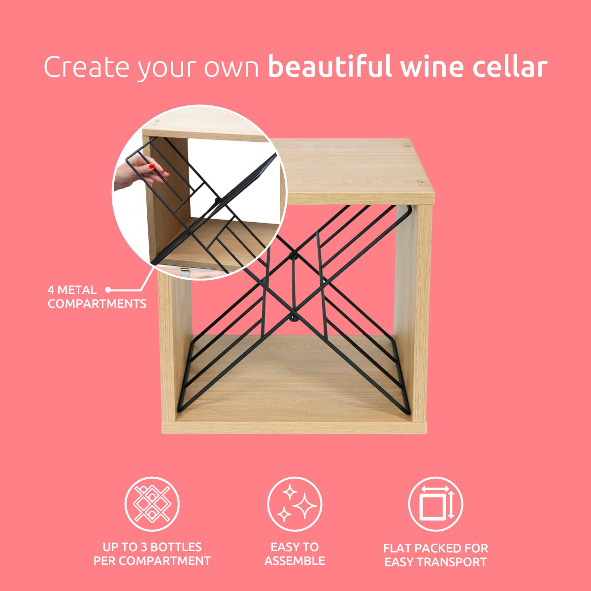 Compactor – Stapelbares Flaschenregal für 12 Flaschen – Weinregal aus Naturholz mit Metallkreuzen – Flaschenhalter für Wein, Wasser oder Sekt – Praktisches stapelbares Design