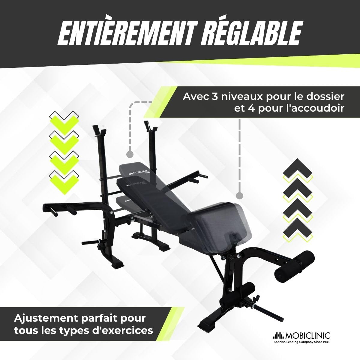Mobiclinic® fitness, Banc de musculation, Multifonctionnel, Pressfit, Ajustable, Pliable, Acier, Supporte jusqu'à 250 kg, Support pour barres, Idéal les exercices force à la maison