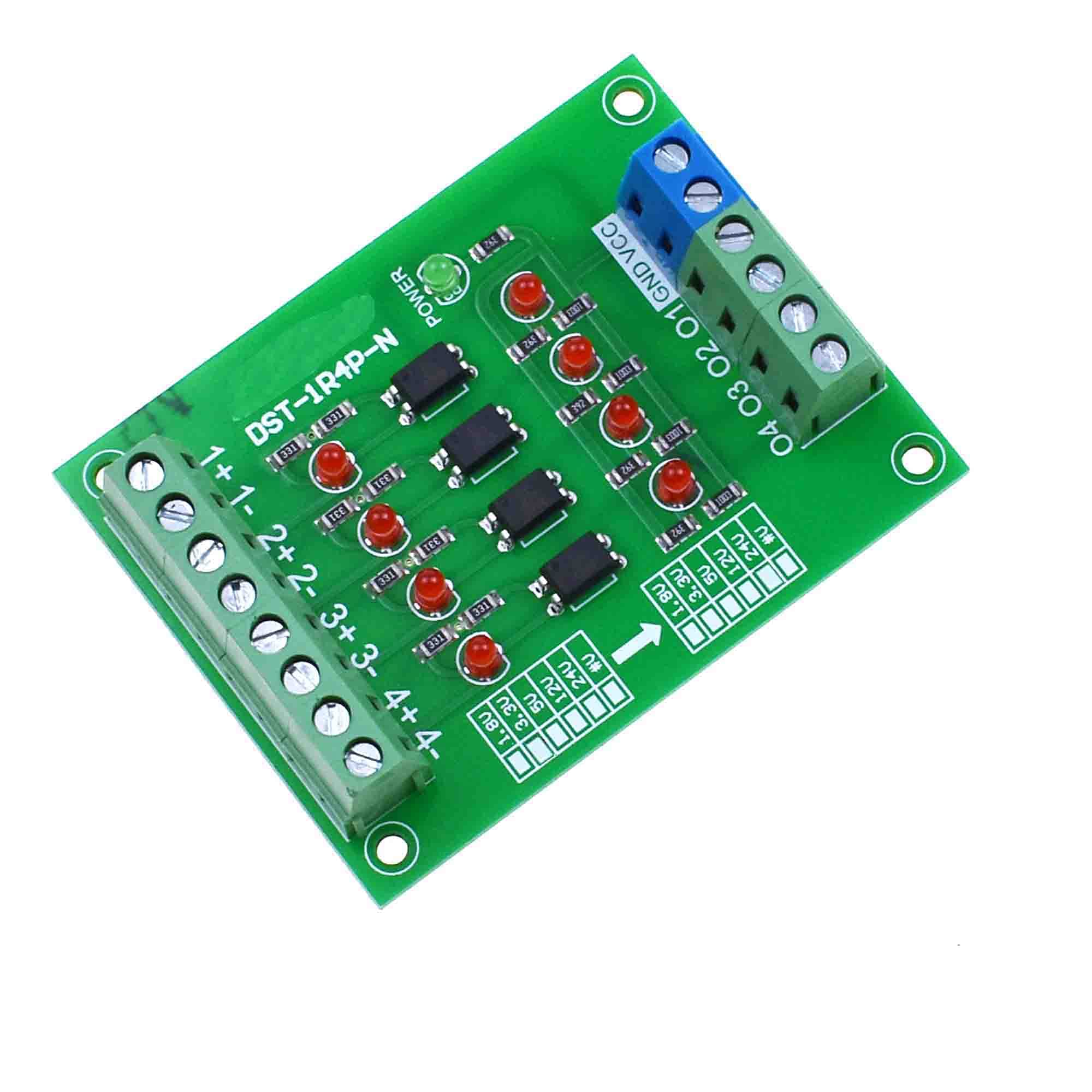 NPN Output Four-Way optocoupler Isolation PLC Level Voltage Conversion Board 1.8V 3.3V 5V 12V 24V Unidirectional Transmission (1.8V to 12V)