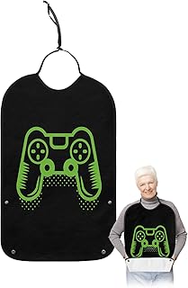 BOBOWUNY Video Game Adult Bibs for Elder Women Men Eating, Green Play Handle Black Waterproof & Washable Bibs for Eating Clothing Protector Dining Bibs for Crumb Catcher
