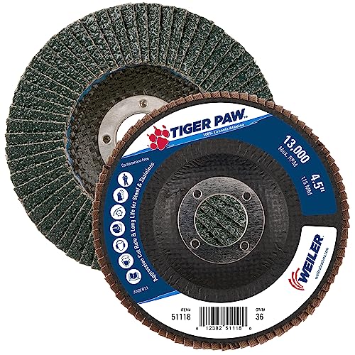 Image of Weiler 51118 4-1 /2 inch Tiger Paw Abrasive Flap Disc, Conical (Ty29), Phenolic Backing, 36Z, 7 /8 inch Arbor Hole (Pack of 10)