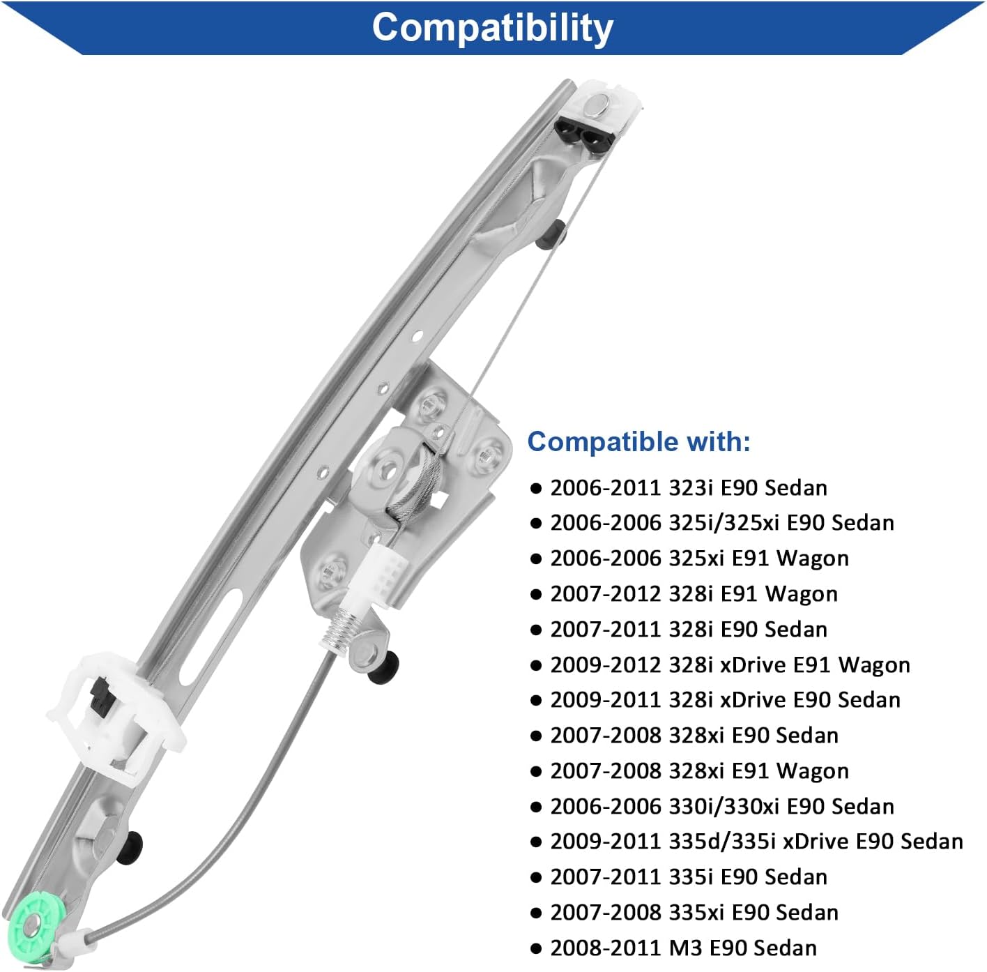 Obaee 749-468 Rear Left Driver Side Power Window Regulator Without Motor Compatible with 2006-2012 BMW E90 E91 323i 325i 328i 330i 335i M3, Replace OE 51357140589, BM1550111
