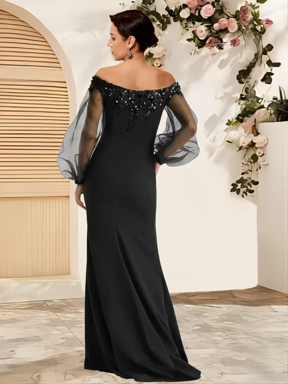 Laces Sequin Chiffon Mother of The Bride Dress for Women Side Split Off Shoulder Long Sleeves Wedding Guest Gown