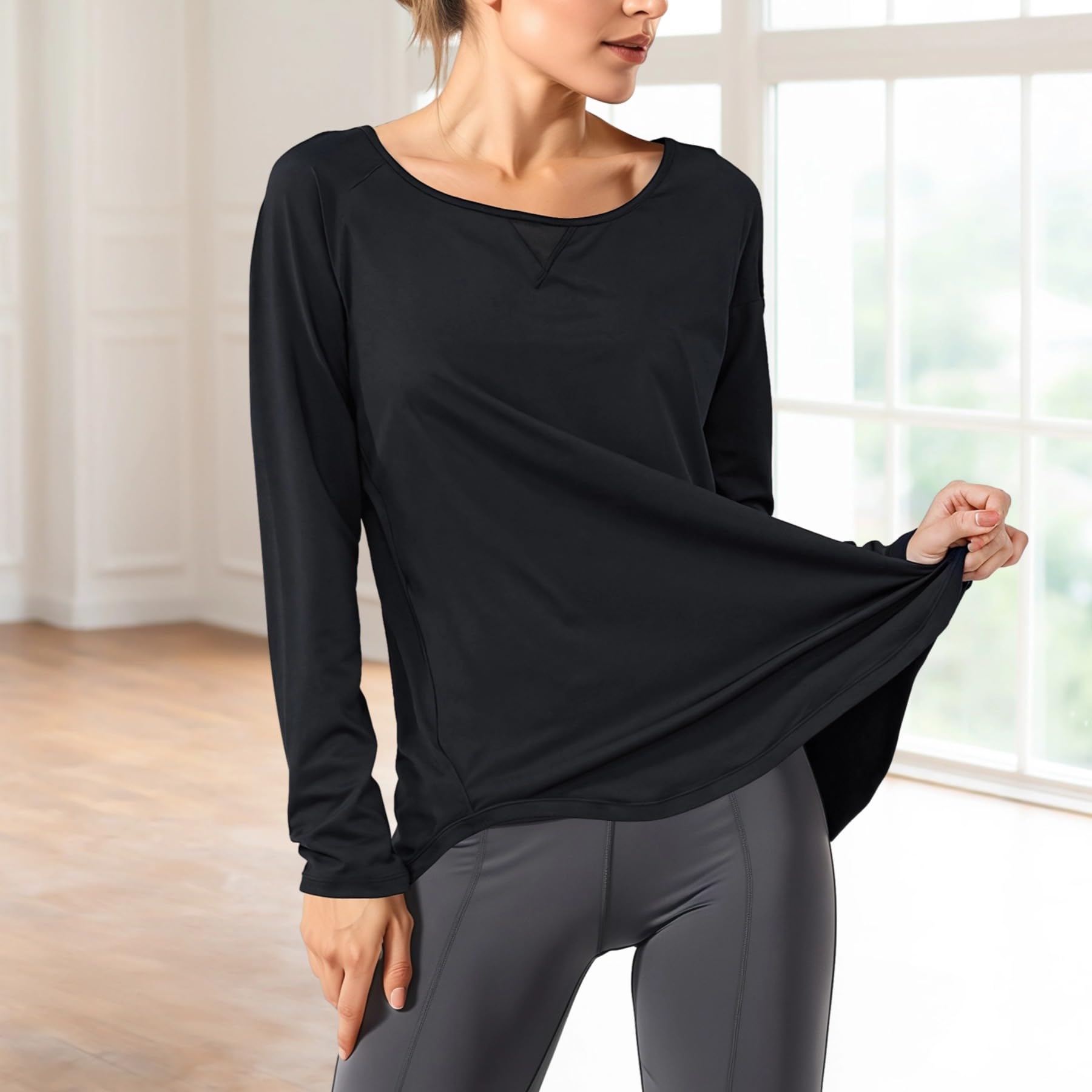Top da yoga da donna, XXL, a maniche lunghe, in nylon spandex morbido ed elastico, ideale per yoga e fitness, traspirante e traspirante, design con colori scuri